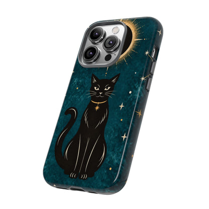 Whimsical Teal Celestial Black Cat Phone Case