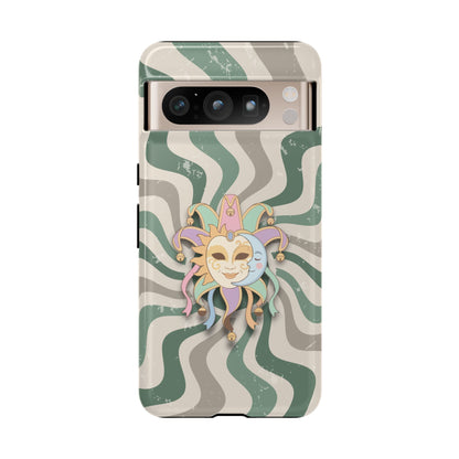 Google Pixel 8 Pro / Glossy Phone Case - Sun & Moon Jester Mask – Green Retro Wave Phone Case