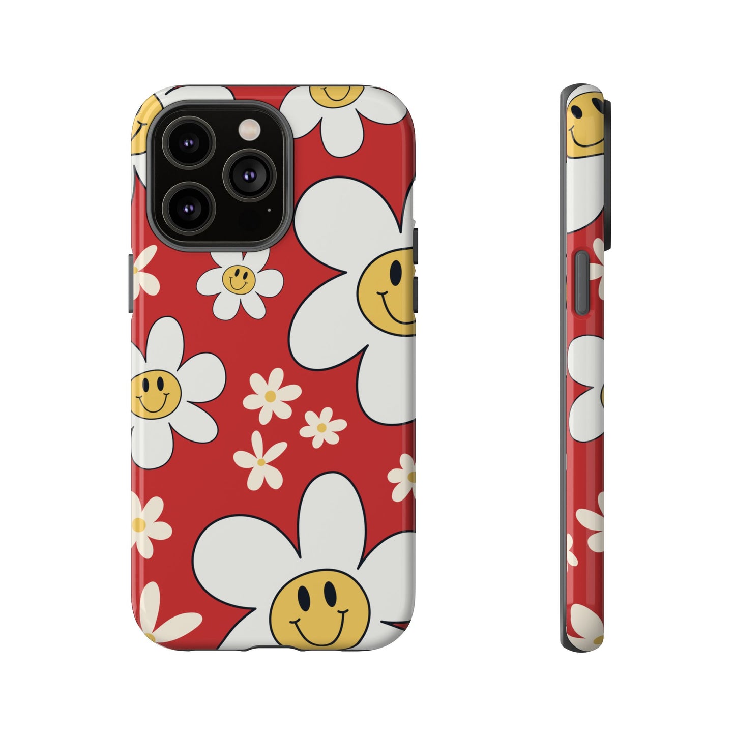 iPhone 14 Pro Max / Glossy Phone Case - Fun Retro Daisy Pattern with Red Background Phone Case