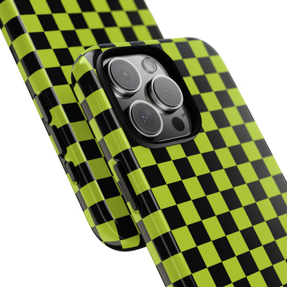 Trendy Neon Lime Green & Black Small Checked Pattern Phone Case - Green Phone Case
