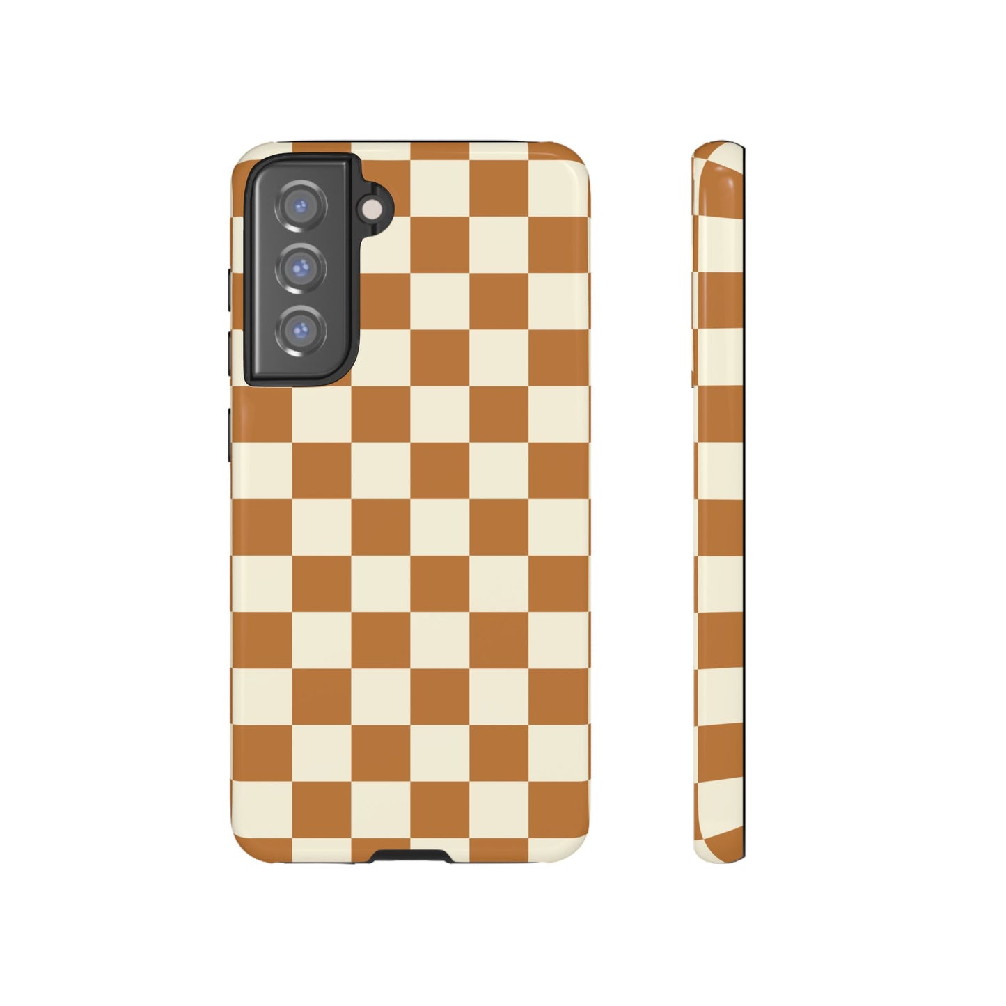 Samsung Galaxy S21 FE / Glossy Phone Case - ’Orange & White Checkered Pattern’ Phone Case