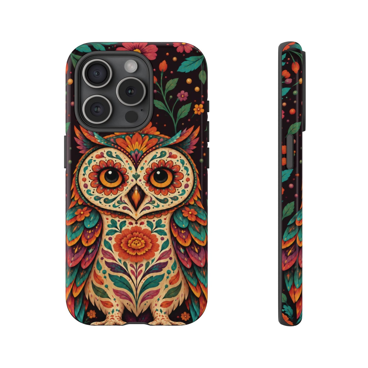 Vibrant Terracotta and Teal Calavera Owl Phone Case - Multicolor Phone Case - iPhone 15 Pro / Glossy