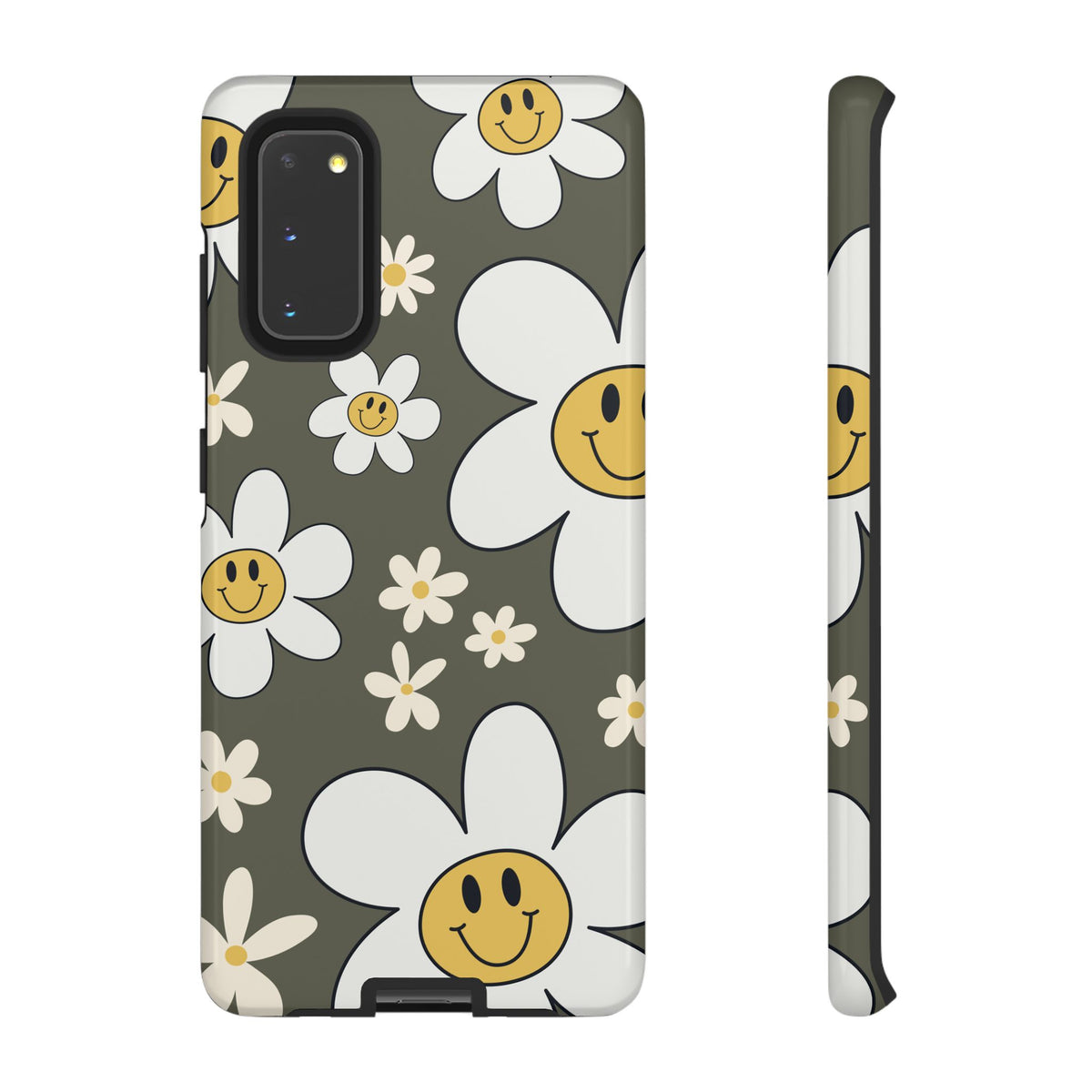 Fun Retro Daisy Pattern with Olive Green Background Phone Case - Green Phone Case - Samsung Galaxy S20 / Glossy
