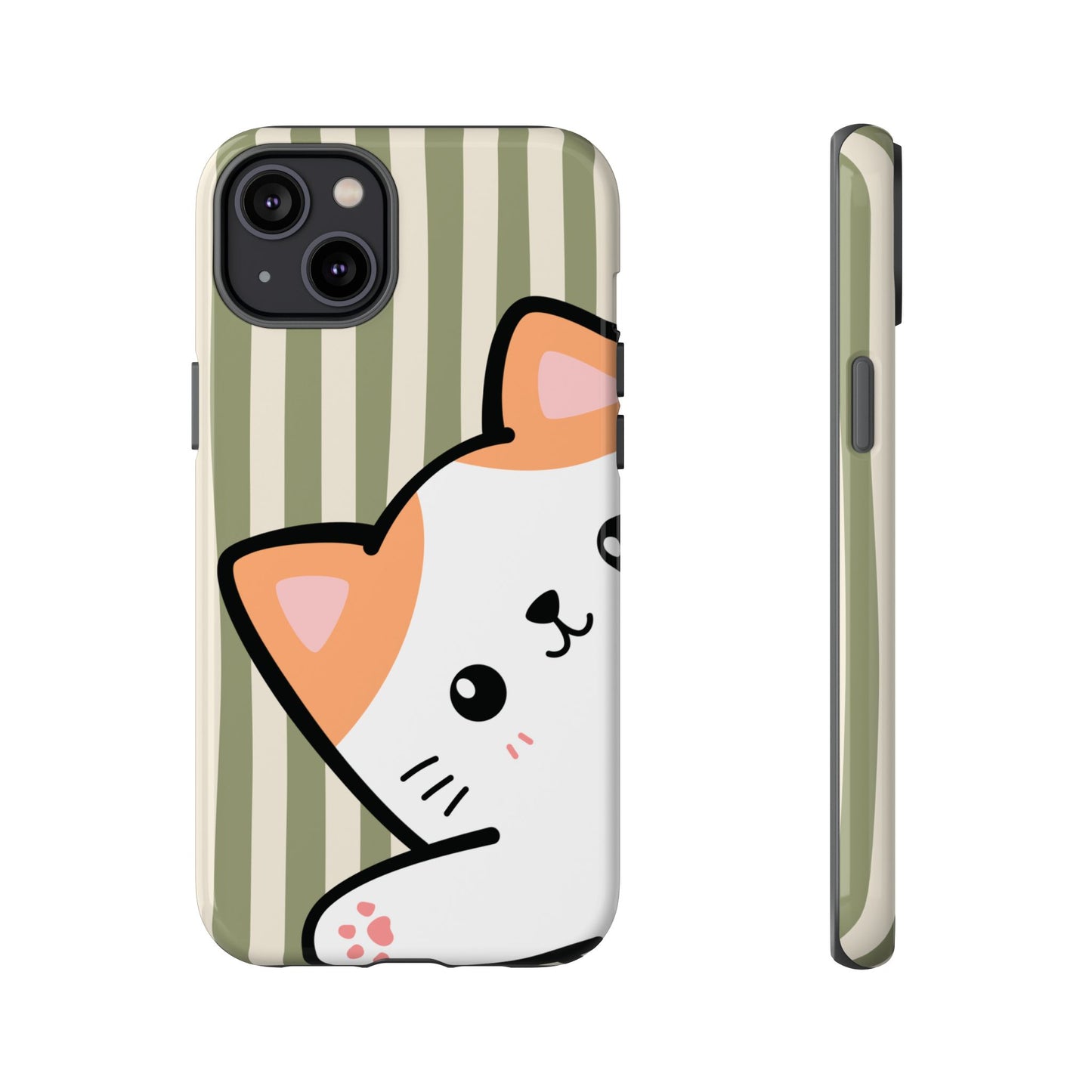 iPhone 14 Plus / Glossy Phone Case - Peakaboo Cat with Green Stripe Pattern Phone Case