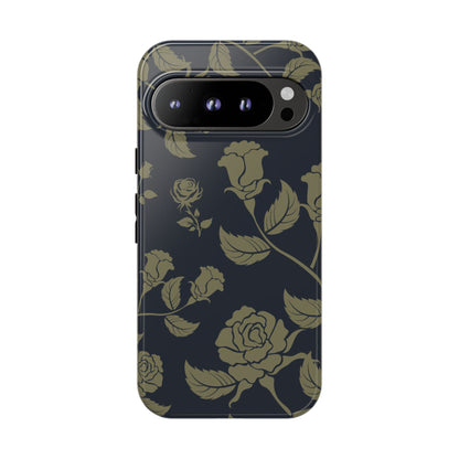 Google Pixel 9 Pro / Glossy Phone Case - ’Blue & Olive Rose Pattern’ Phone Case