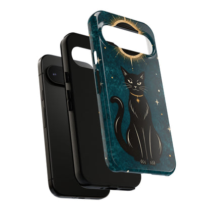 Whimsical Teal Celestial Black Cat Phone Case