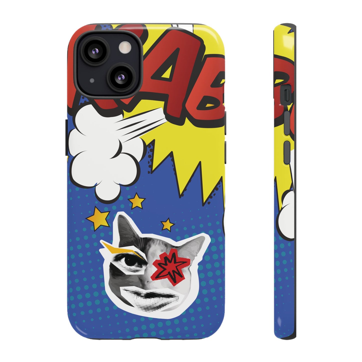 iPhone 13 / Glossy Phone Case - Bold Blue Pop Art Cat Phone Case