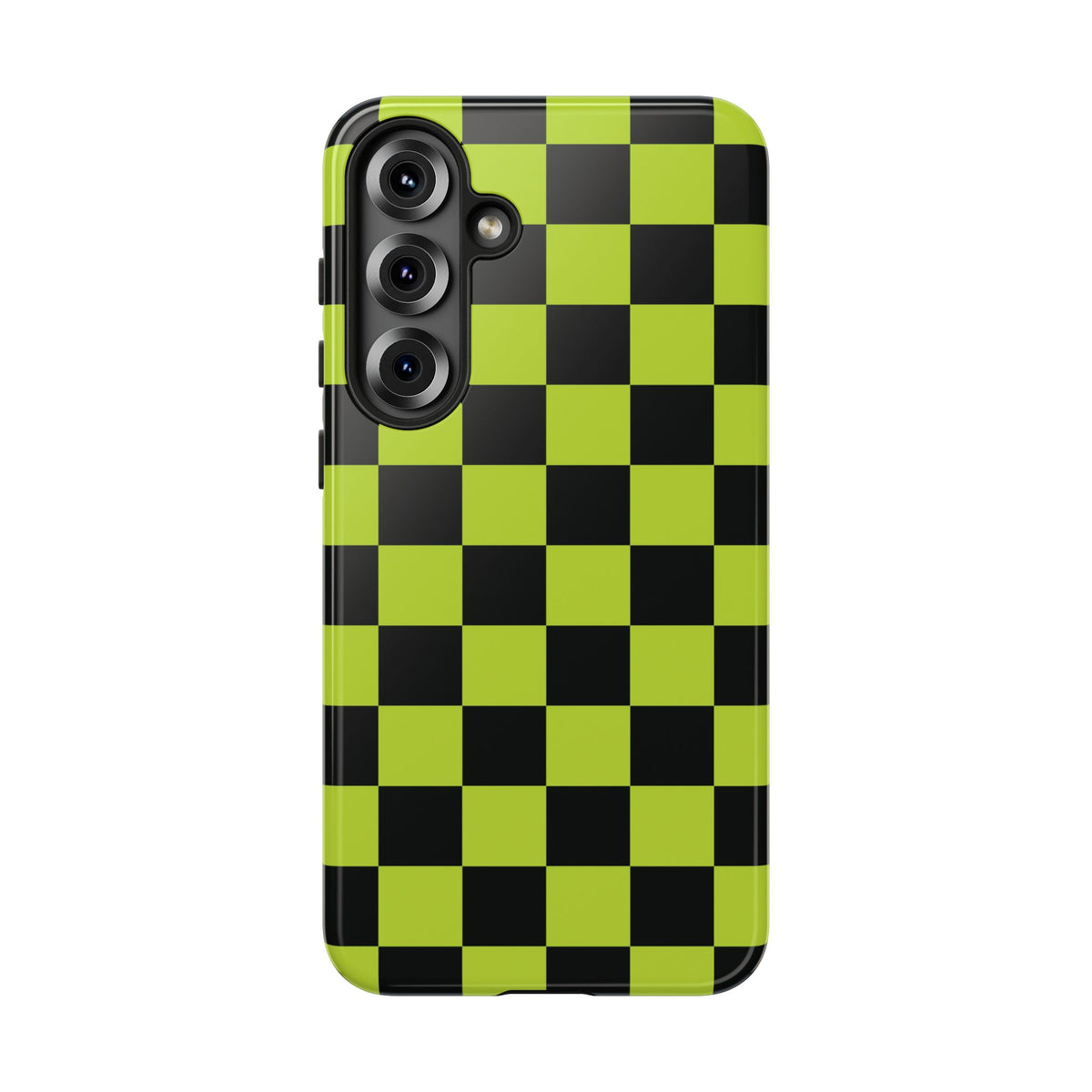 Trendy Neon Lime Green & Black Checked Pattern Phone Case - Green Phone Case - Samsung Galaxy S25 Plus / Glossy