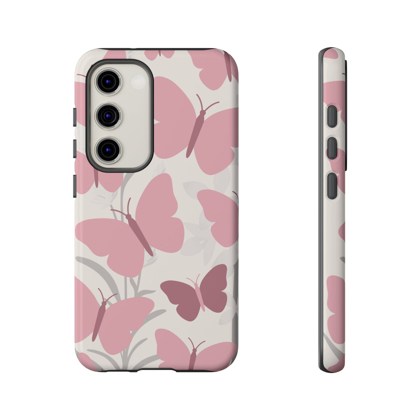 Samsung Galaxy S23 / Glossy Phone Case - Minimalist Cream & Pink Butterfly Pattern Phone Case