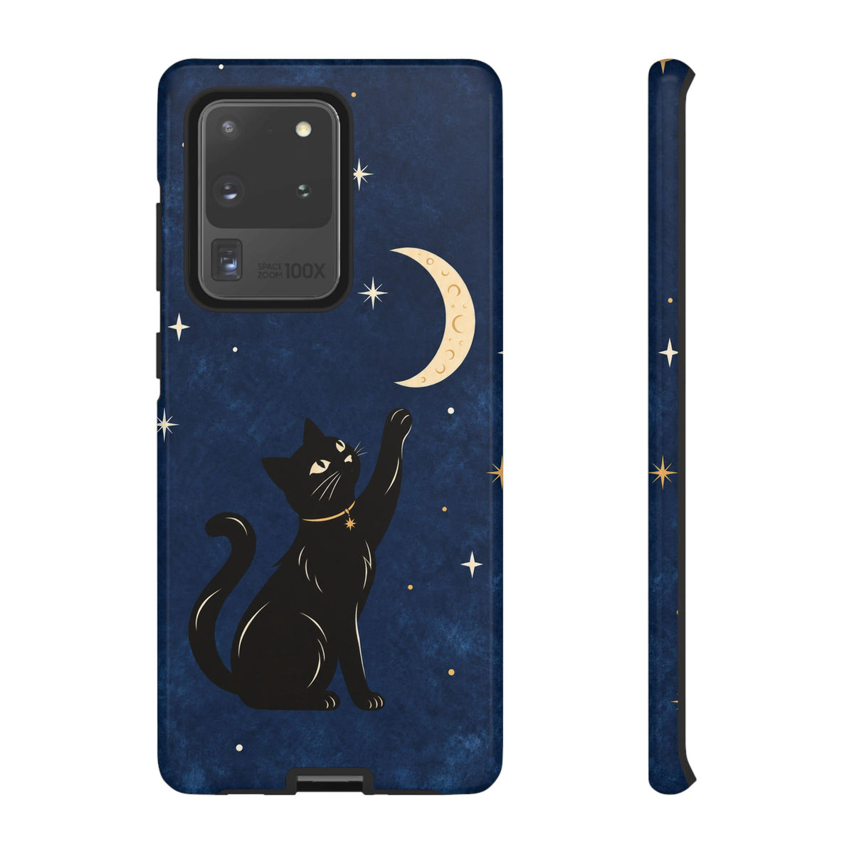 Whimsical Navy Blue Celestial Black Cat Phone Case