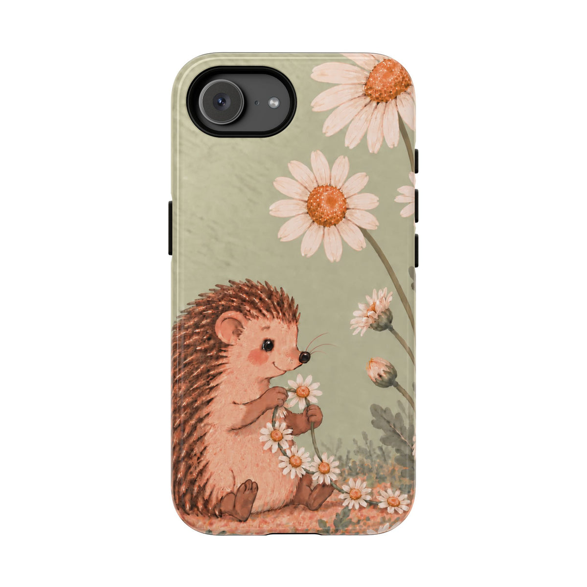 Whimsical Sage Green Hedgehog and Daisy Chain Phone Case - Green Phone Case - iPhone 17e / Glossy