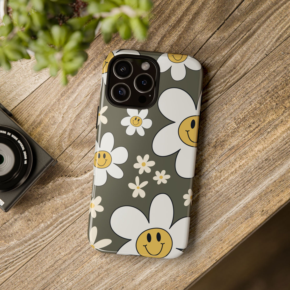 Fun Retro Daisy Pattern with Olive Green Background Phone Case - Green Phone Case
