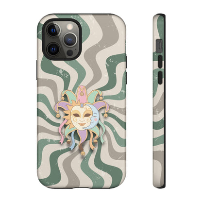 iPhone 12 Pro / Glossy Phone Case - Sun & Moon Jester Mask – Green Retro Wave Phone Case