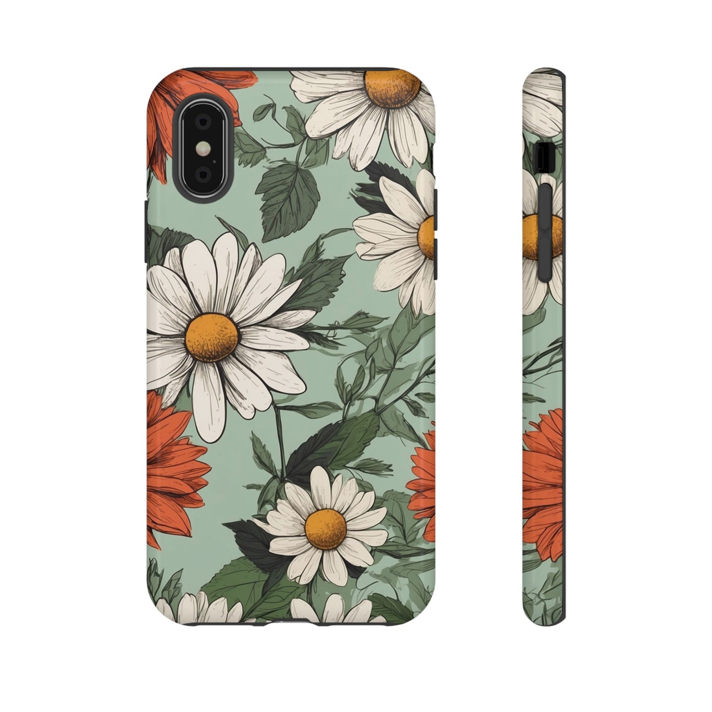 iPhone XS / Glossy Phone Case - Boho Chic Daisies Floral Pattern ’White & Orange’ Phone Case