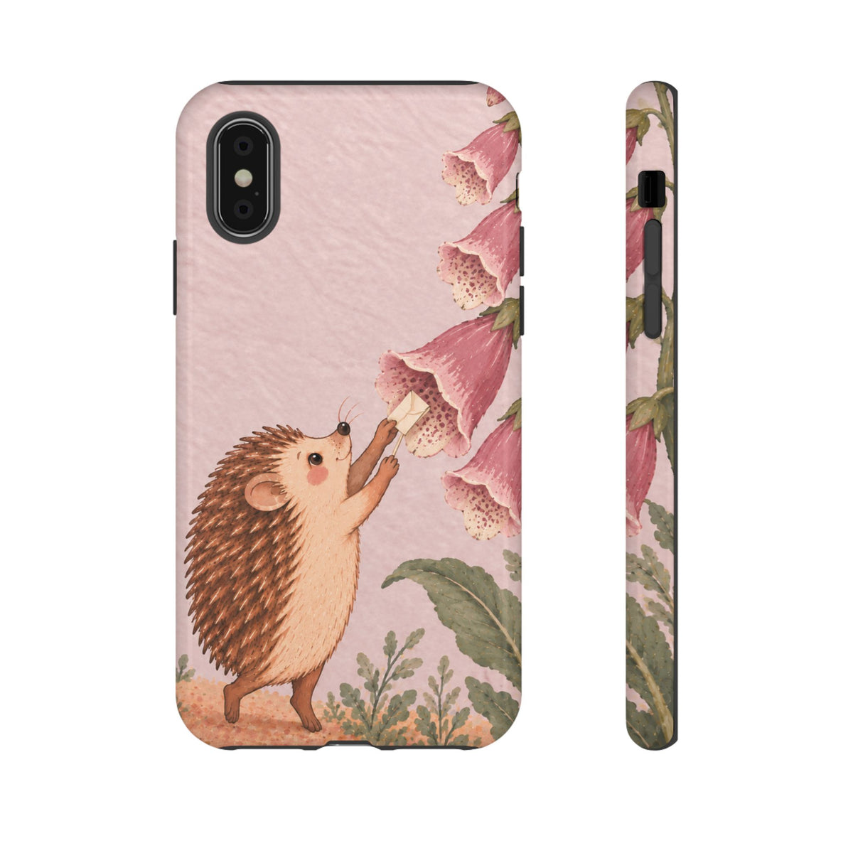 Whimsical Blush Pink Hedgehog and Foxglove Phone Case - Pink Phone Case - iPhone XS / Glossy