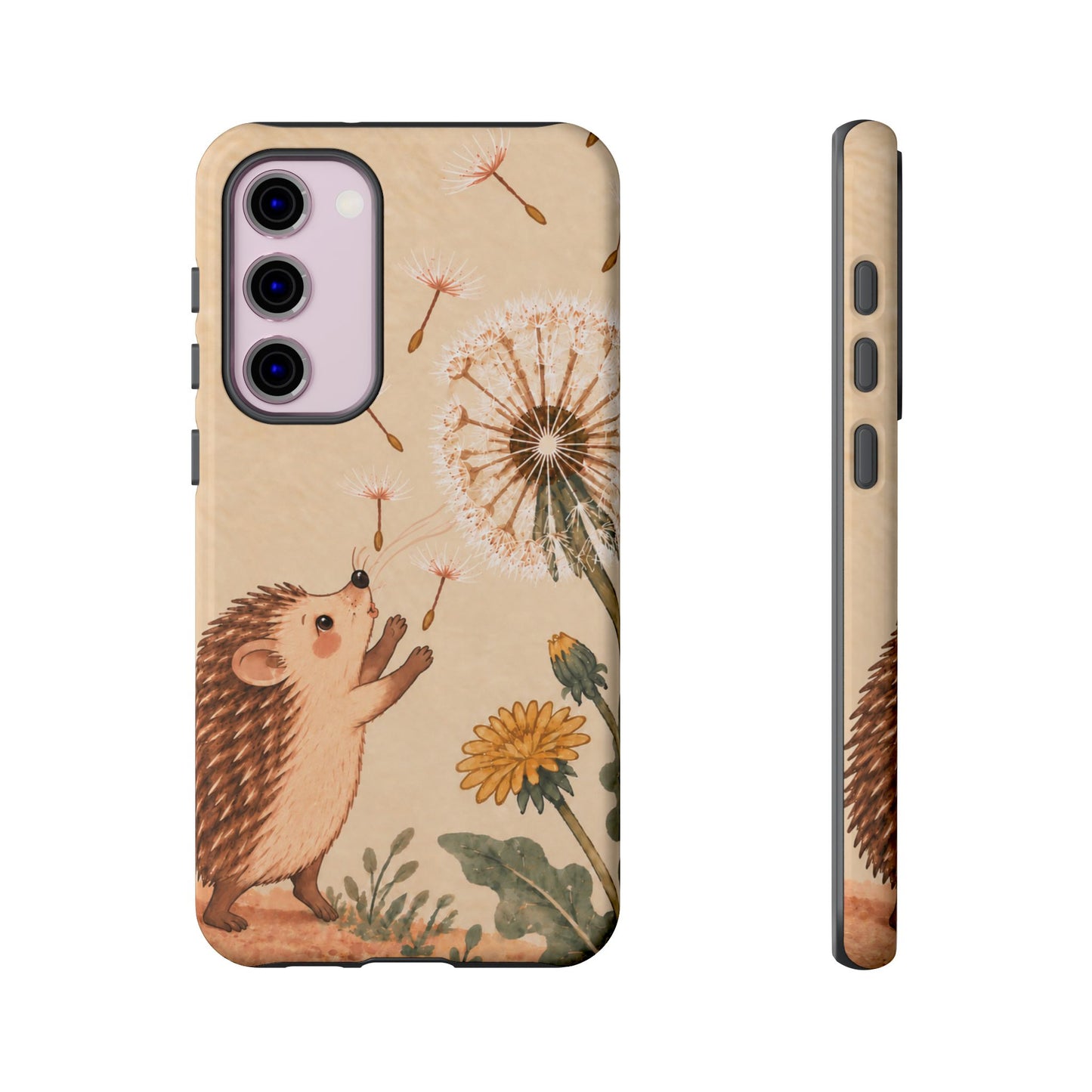 Whimsical Cream Hedgehog and Dandelion Phone Case - White Phone Case - Samsung Galaxy S23 Plus / Glossy