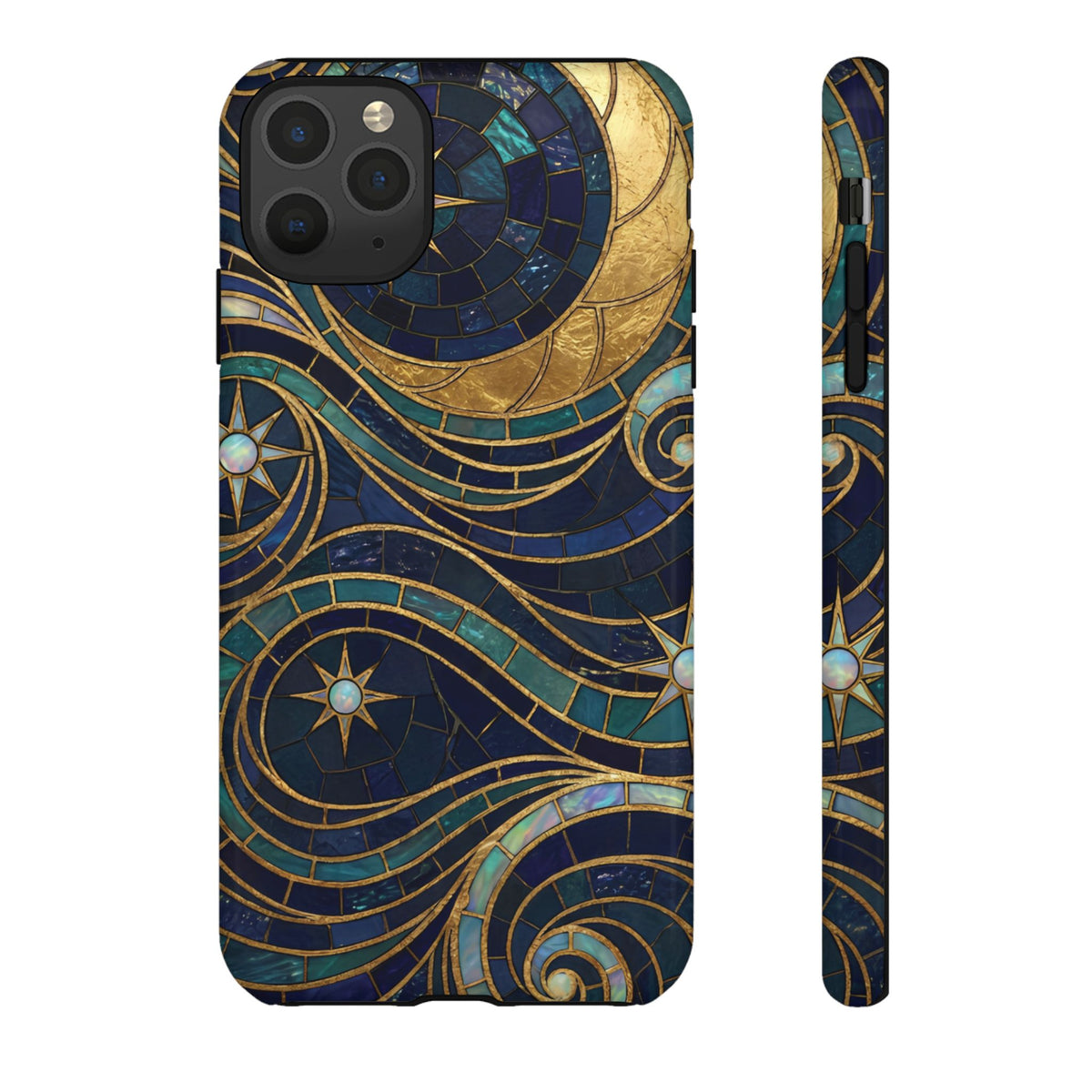 Elegant Navy & Gold Crescent Moon Mosaic Phone Case