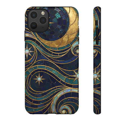 Elegant Navy & Gold Crescent Moon Mosaic Phone Case