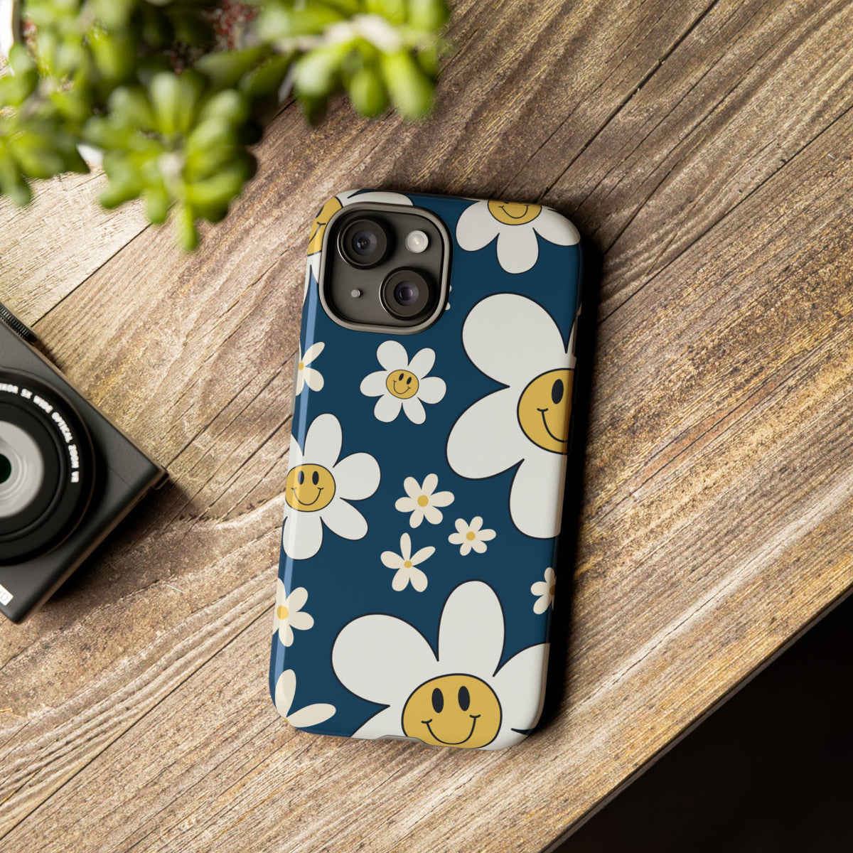 Fun Retro Daisy Pattern with Blue Background Phone Case - Blue Phone Case