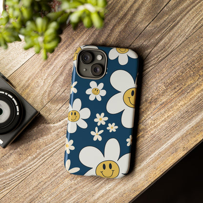 Fun Retro Daisy Pattern with Blue Background Phone Case - Blue Phone Case