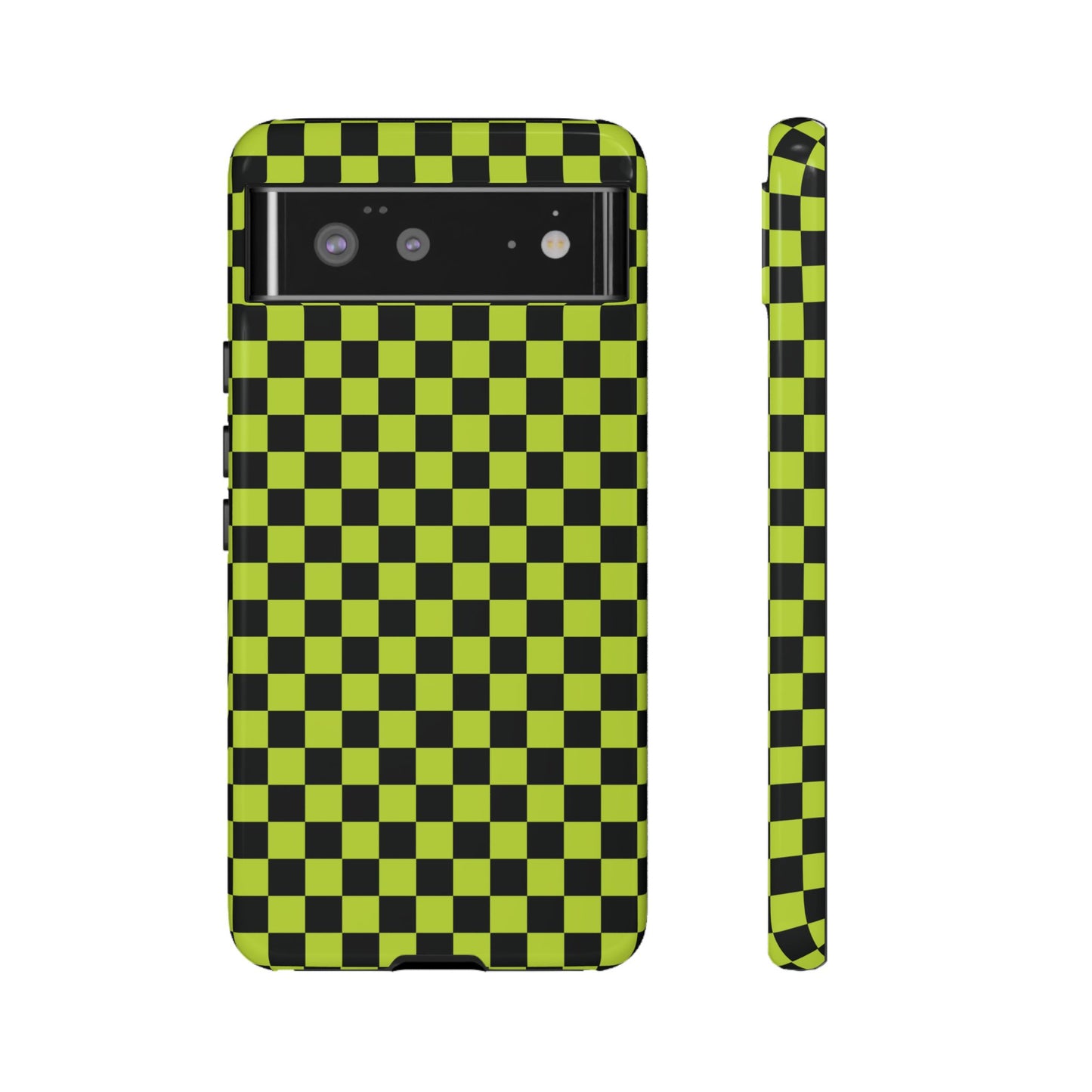 Google Pixel 6 / Glossy Phone Case - Trendy Neon Lime Green & Plum Small Checked Pattern Phone Case