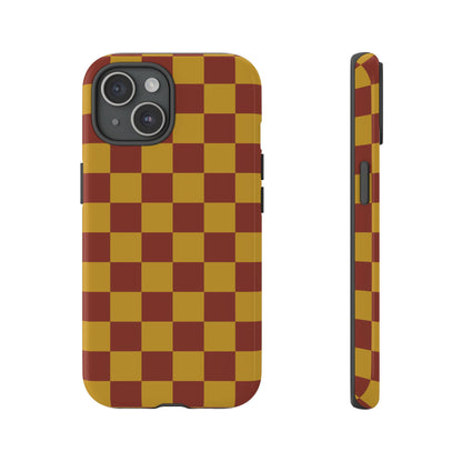 iPhone 15 / Glossy Phone Case - Trendy Mustard & Burgandy Checked Pattern Phone Case