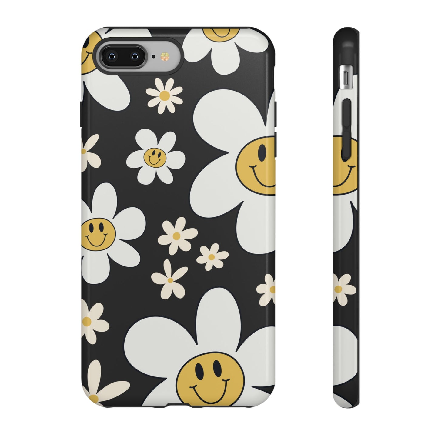 iPhone 8 Plus / Glossy Phone Case - Fun Retro Daisy Pattern with Dark Grey Background Phone Case