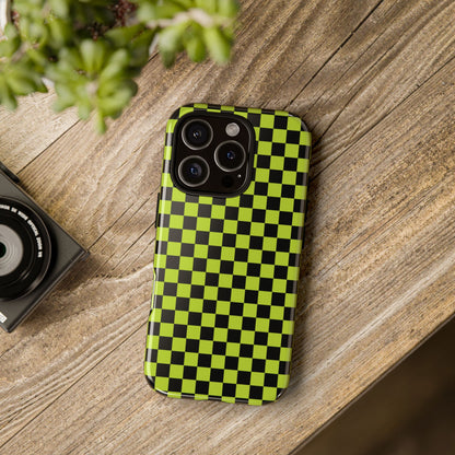 Phone Case - Trendy Neon Lime Green & Plum Small Checked Pattern Phone Case