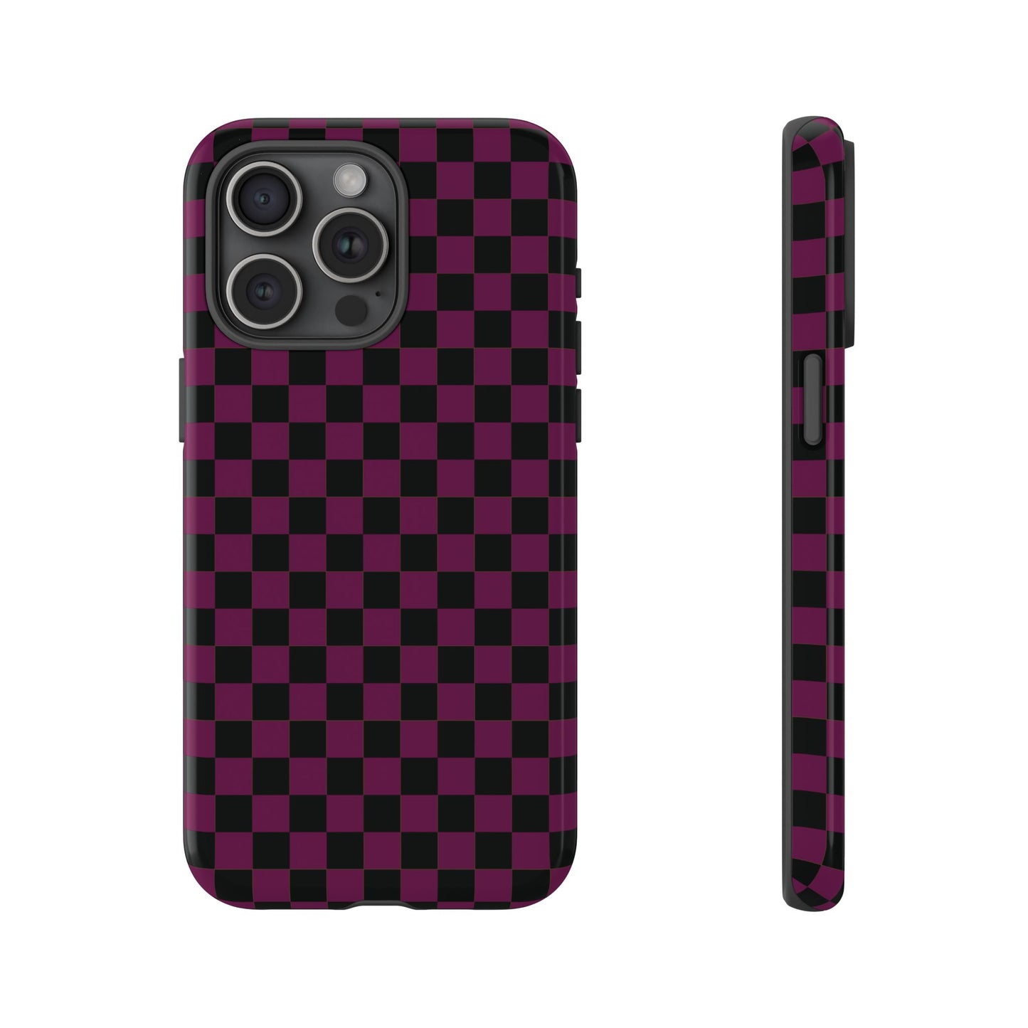 iPhone 15 Pro Max / Glossy Phone Case - Trendy Plum & Black Small Checked Pattern Phone Case