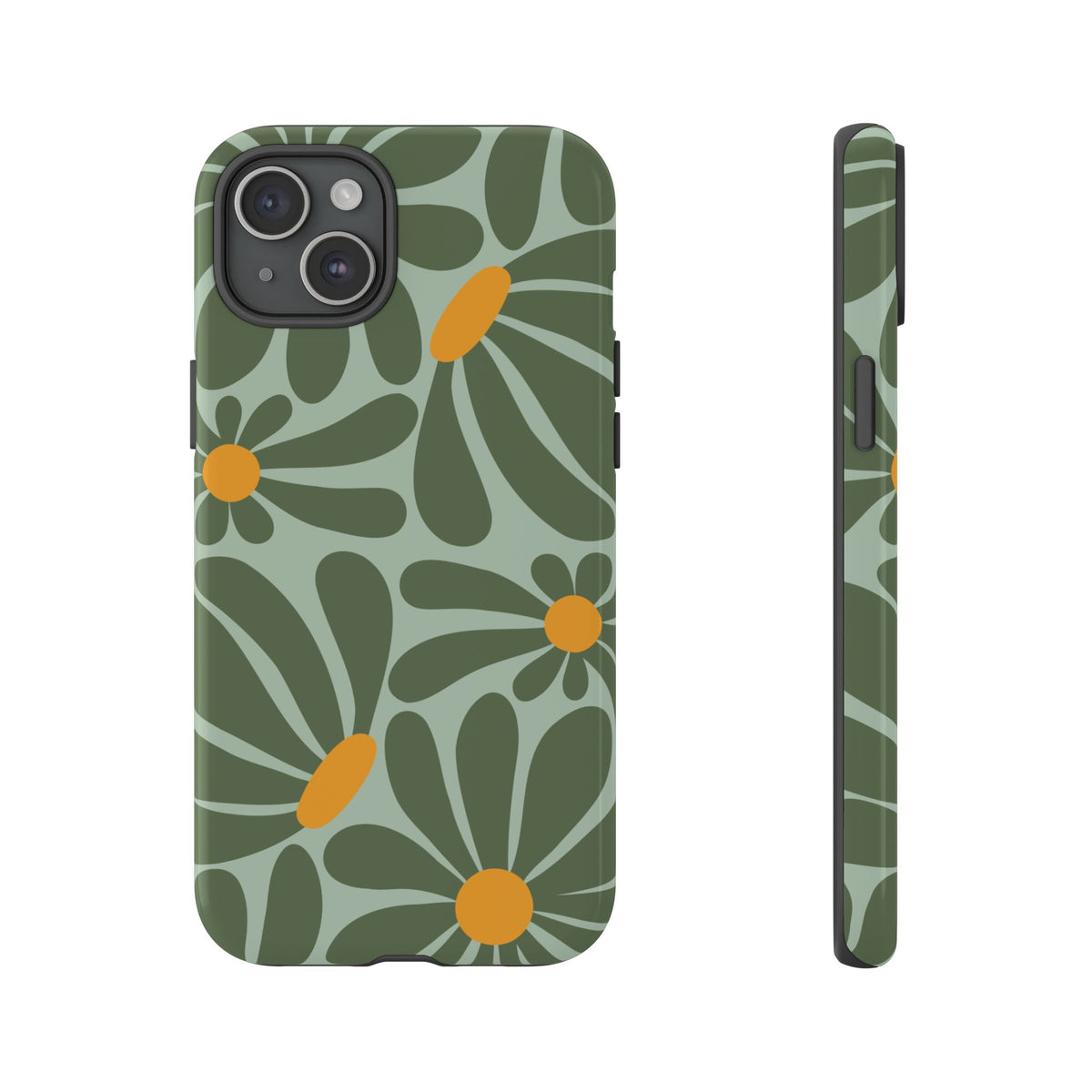 Retro Green Daisy Pattern Phone Case - Green Phone Case - iPhone 15 Plus / Glossy