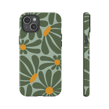 Retro Green Daisy Pattern Phone Case - Green Phone Case - iPhone 15 Plus / Glossy