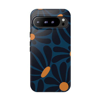 Dark Blue & Orange Daisy Pattern Phone Case - Blue Phone Case - Google Pixel 9 Pro XL / Glossy