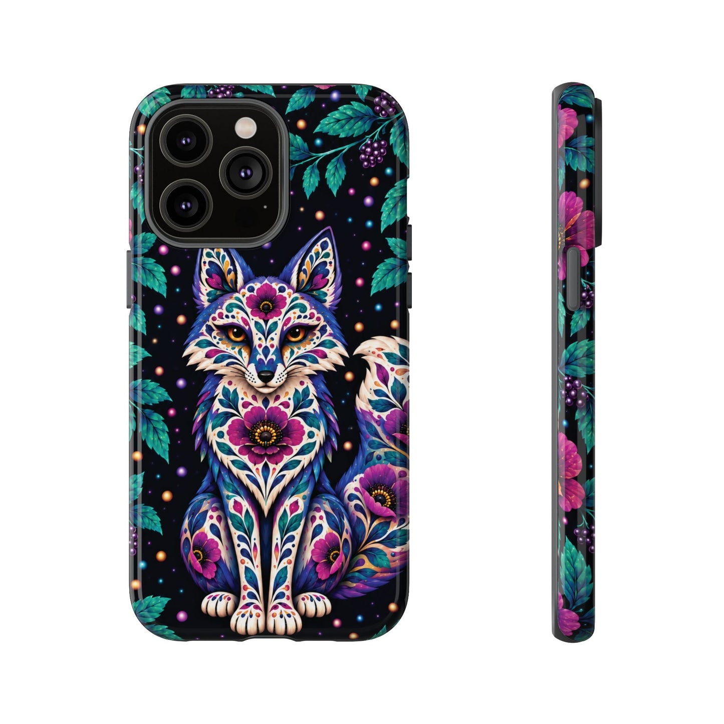 Vibrant Purple and Teal Calavera Fox Phone Case - Multicolor Phone Case - iPhone 14 Pro Max / Glossy