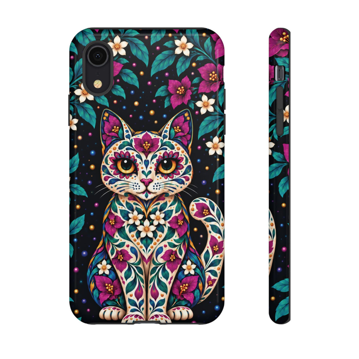 Vibrant Purple and Teal Calavera Cat Phone Case - Multicolor Phone Case - iPhone XR / Glossy