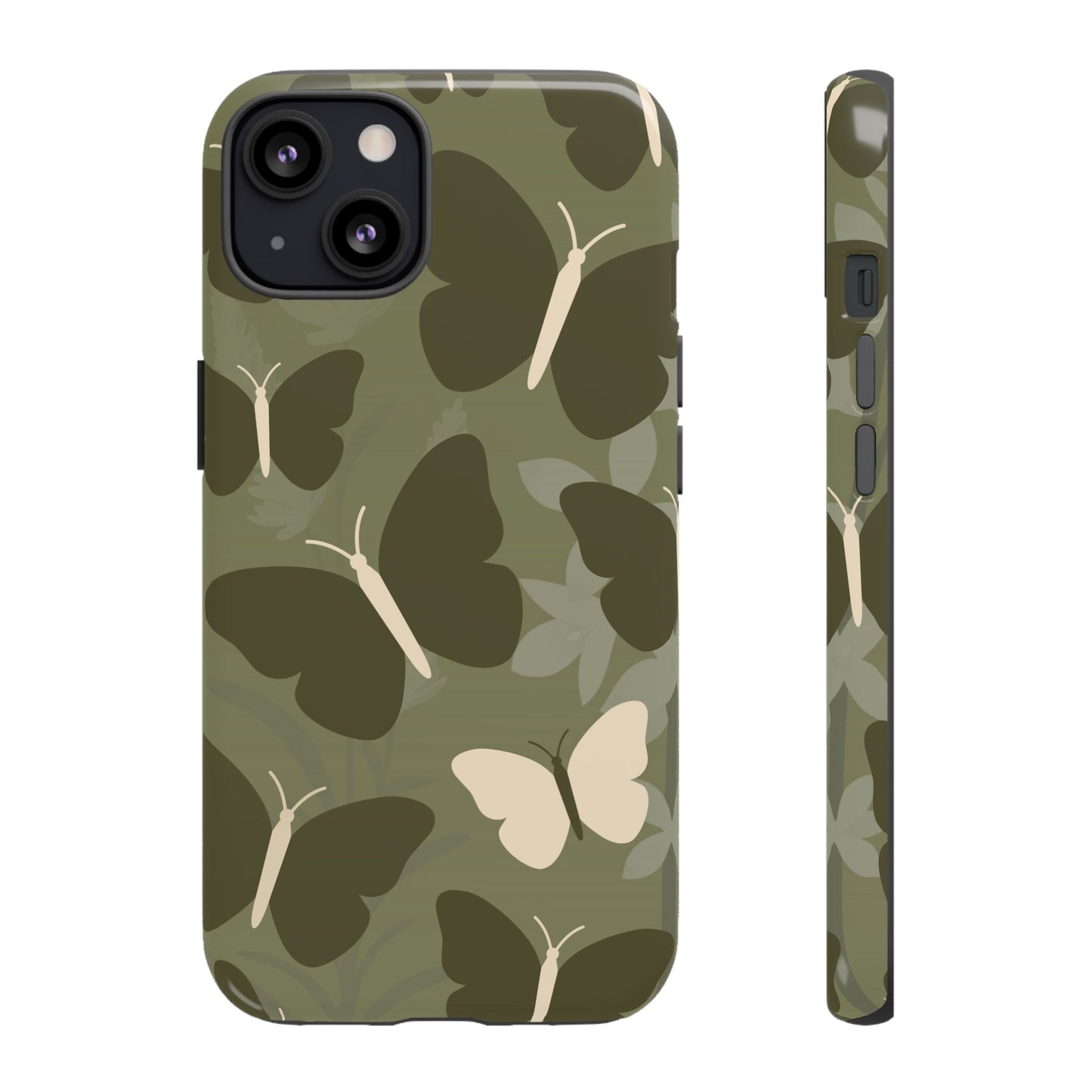 iPhone 13 / Glossy Phone Case - Minimalist Olive Green Butterfly Pattern Phone Case