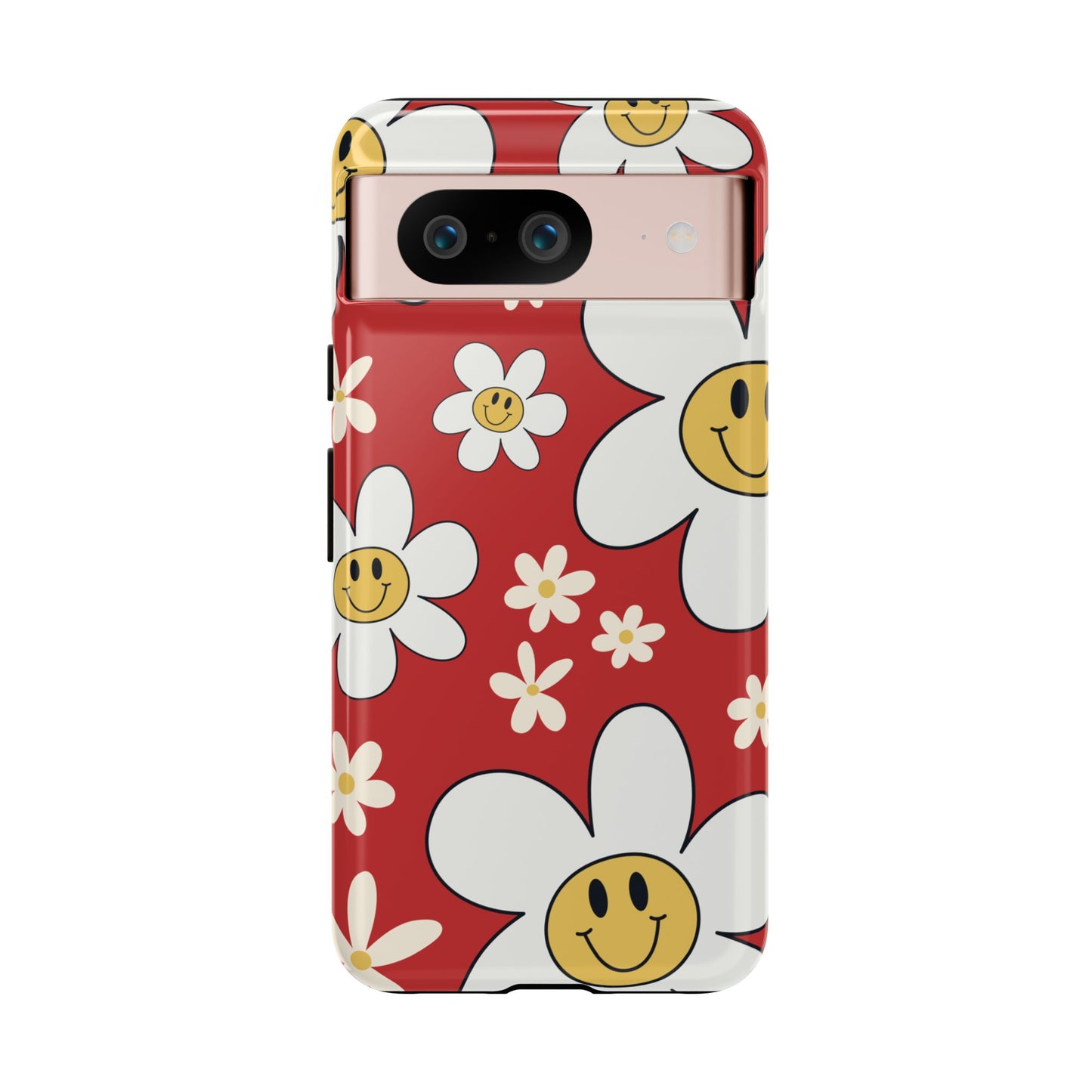 Google Pixel 8 / Glossy Phone Case - Fun Retro Daisy Pattern with Red Background Phone Case