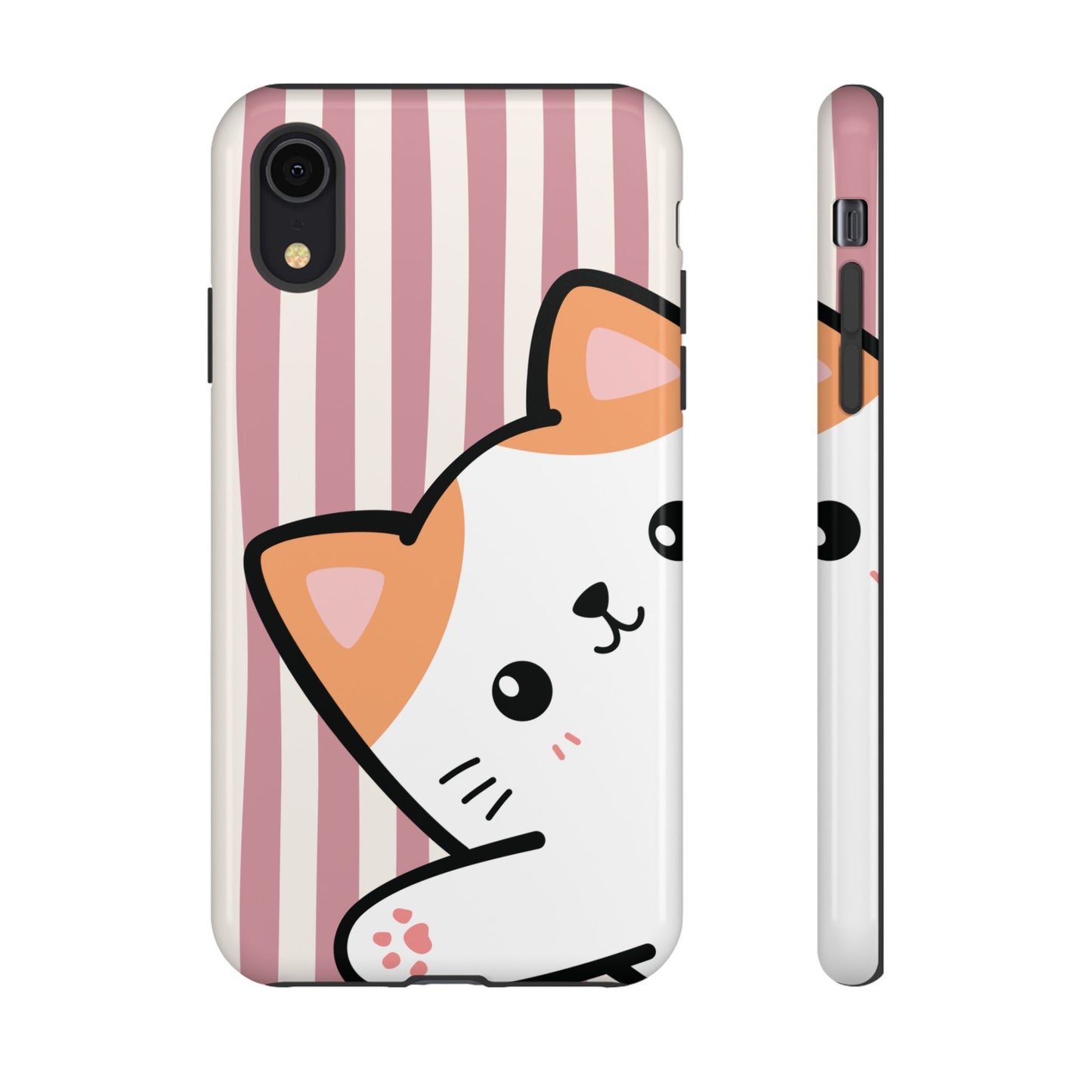 Playful Peakaboo Cat with Pink Stripe Pattern Phone Case - Pink Phone Case - iPhone XR / Glossy