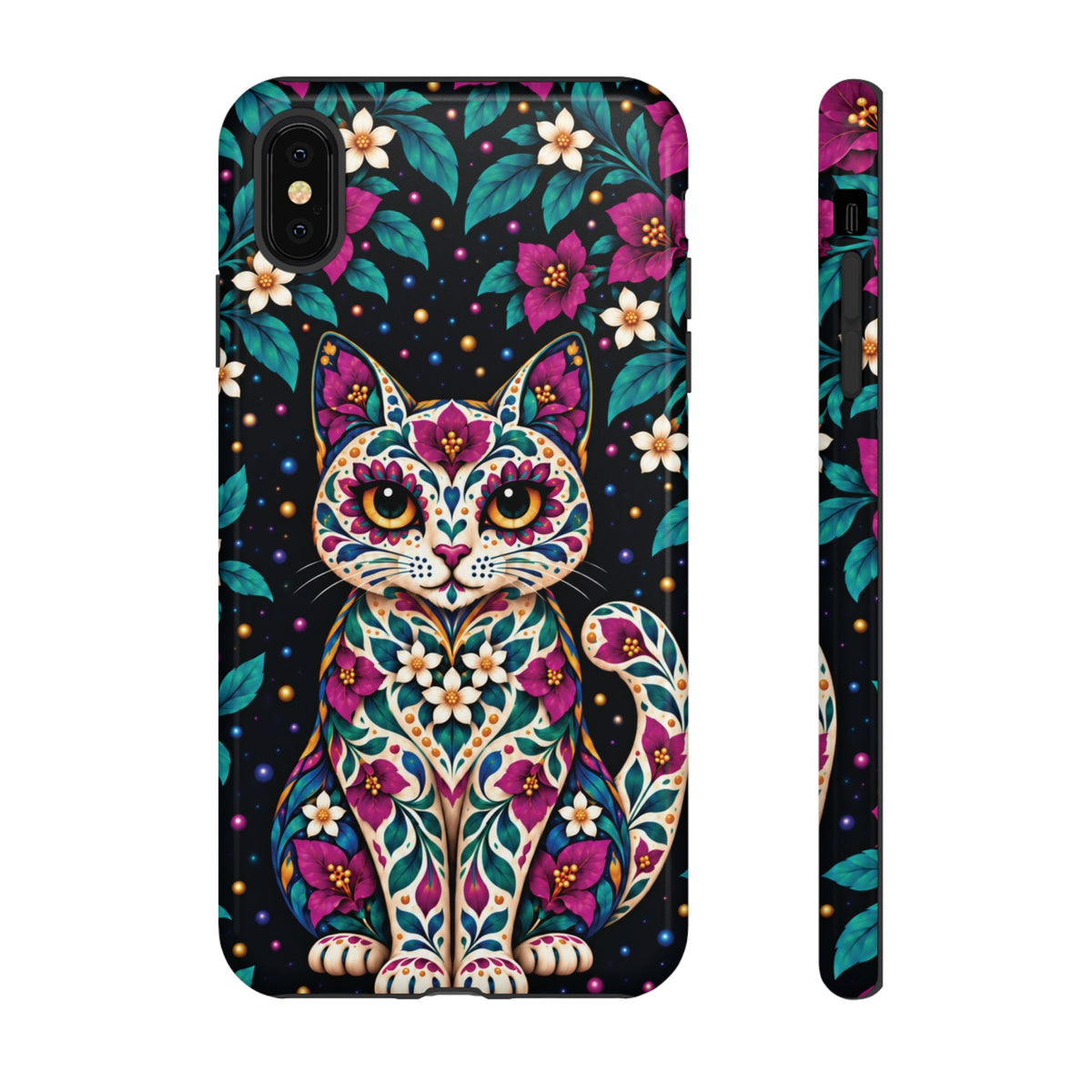 Vibrant Purple and Teal Calavera Cat Phone Case - Multicolor Phone Case - iPhone XS MAX / Glossy