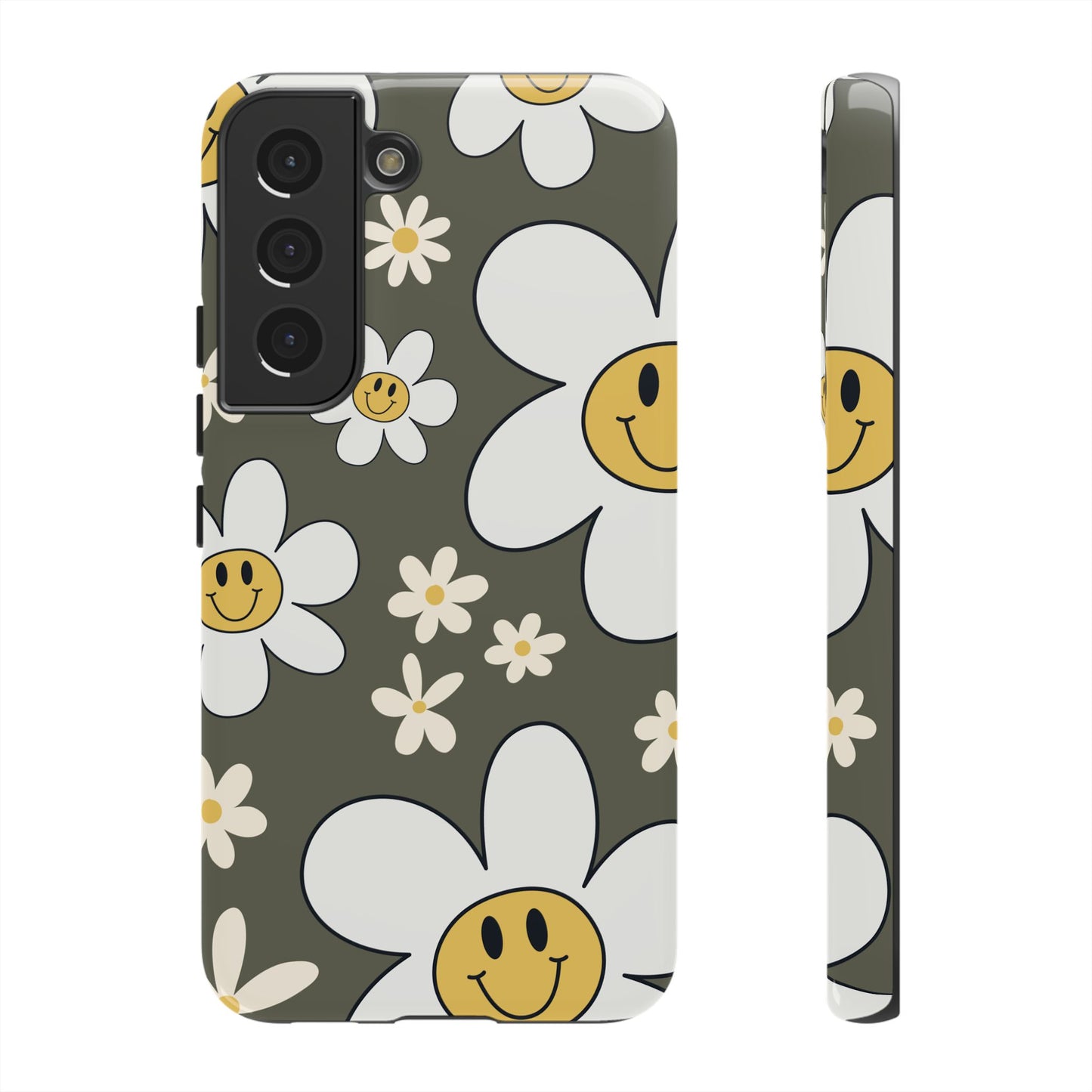 Samsung Galaxy S22 / Glossy Phone Case - Fun Retro Daisy Pattern with Olive Green Background Phone Case