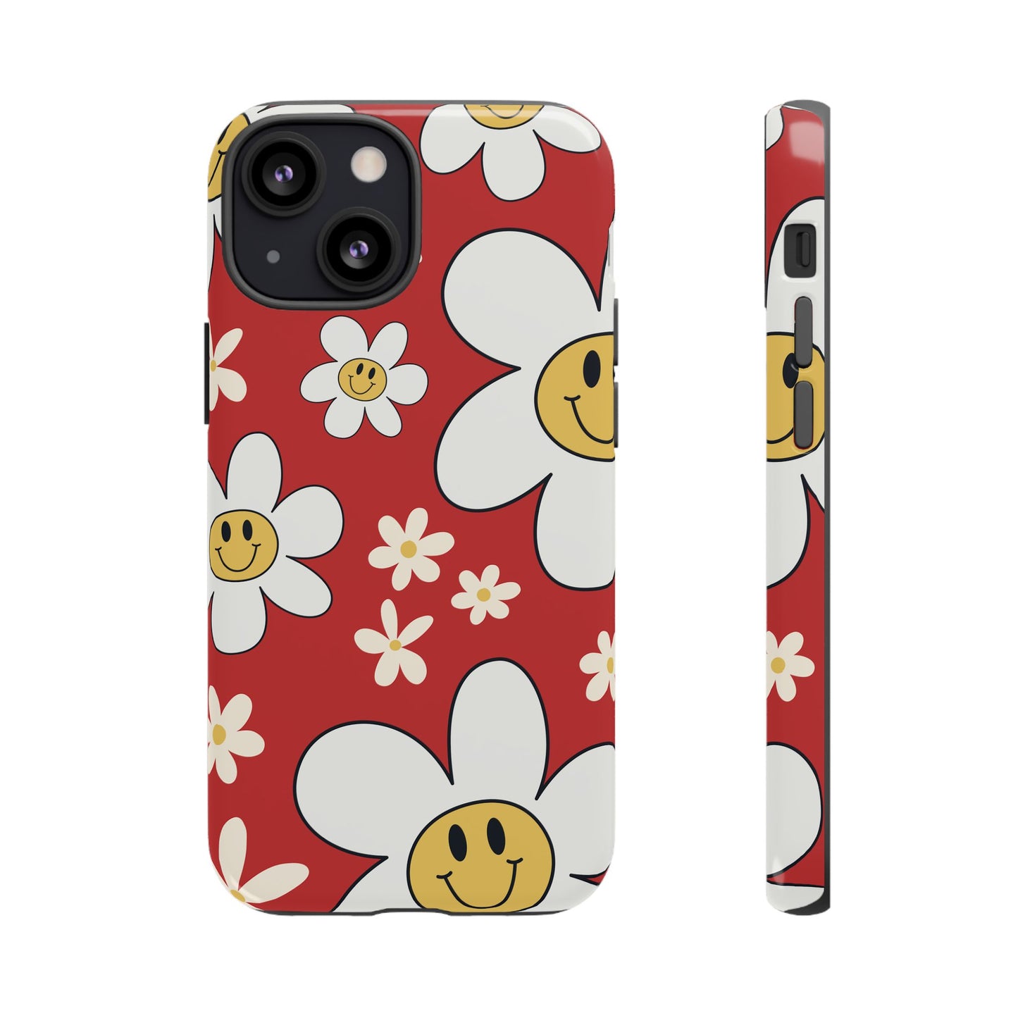 iPhone 13 Mini / Glossy Phone Case - Fun Retro Daisy Pattern with Red Background Phone Case