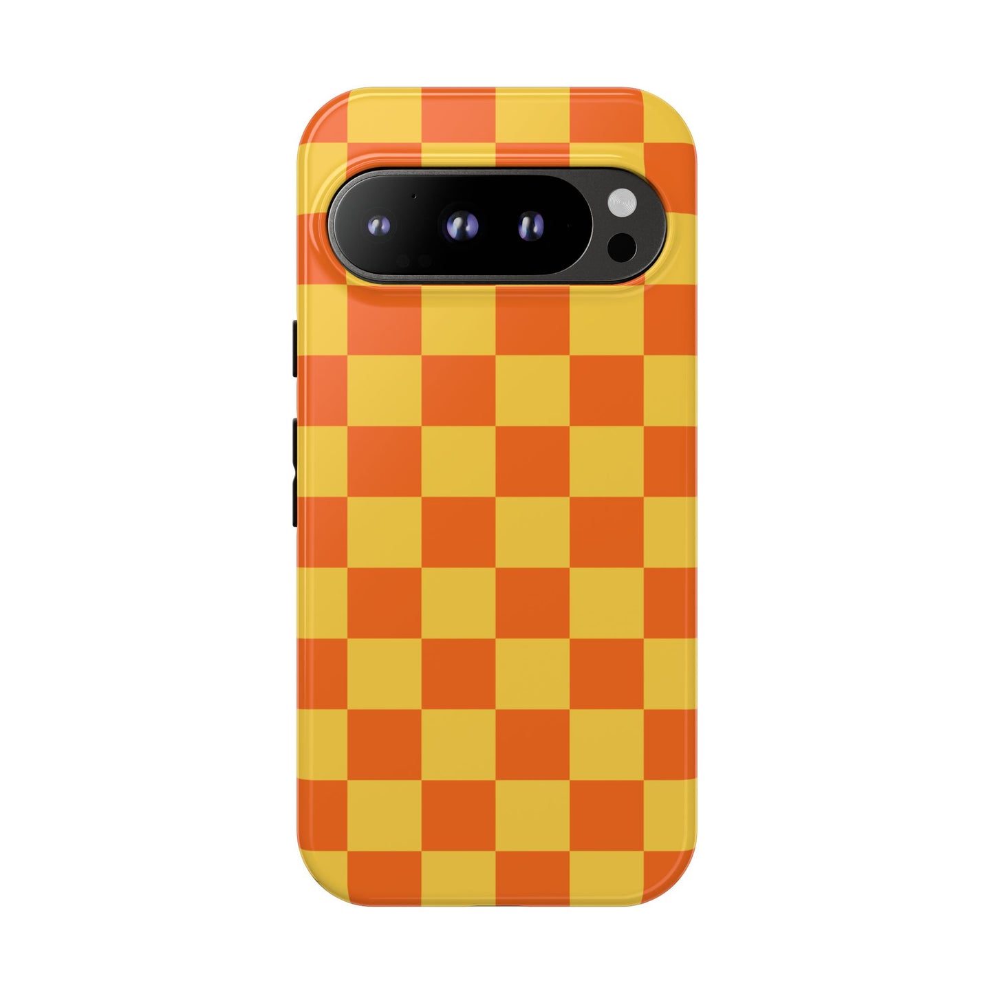 Google Pixel 9 Pro / Glossy Phone Case - Trendy Orange & Yellow Checked Pattern Phone Case