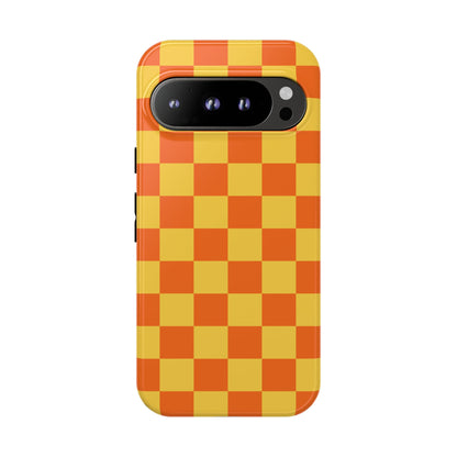 Google Pixel 9 Pro / Glossy Phone Case - Trendy Orange & Yellow Checked Pattern Phone Case