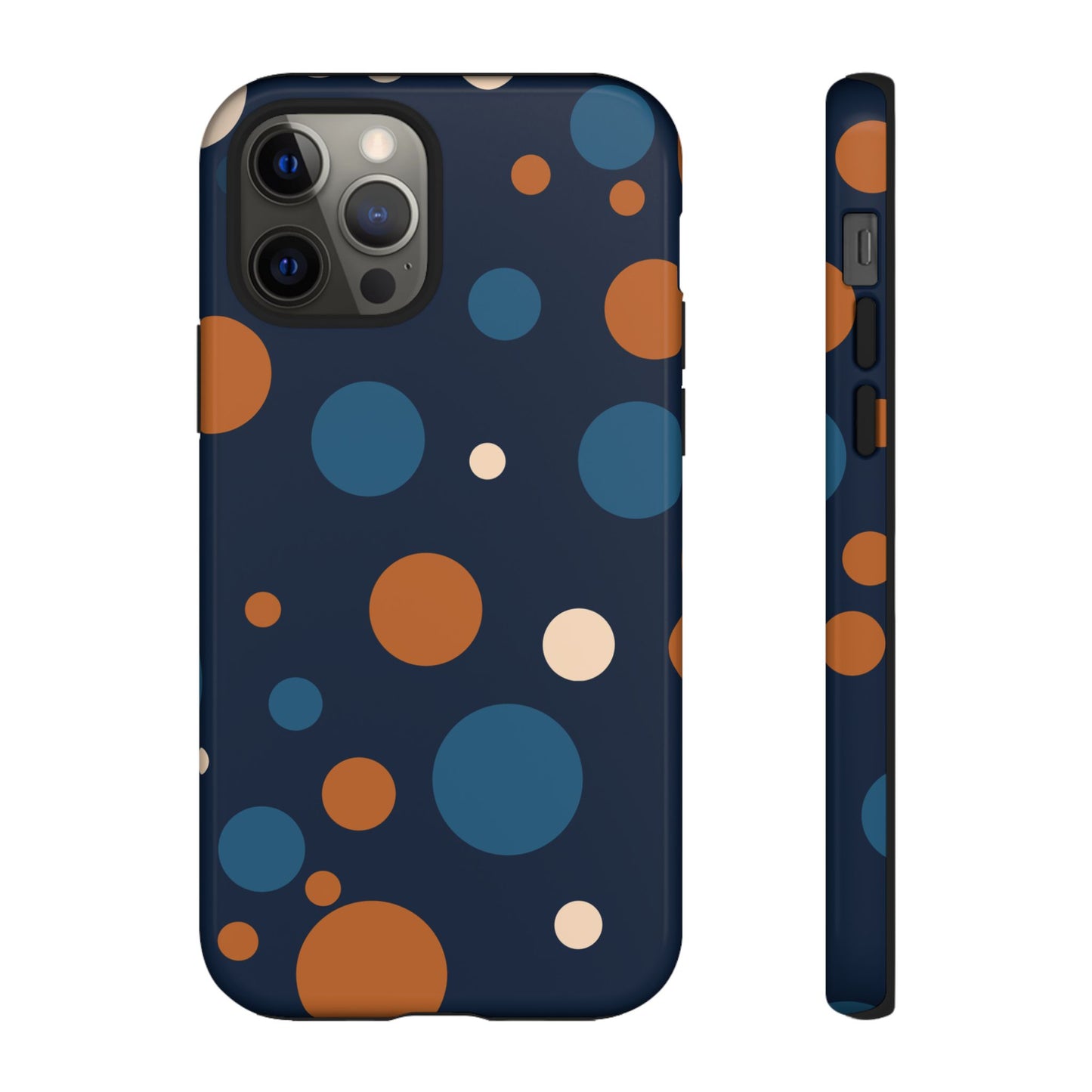 iPhone 12 Pro / Glossy Phone Case - ’Bold Navy Blue & Orange / White Dot Pattern’ Phone Case
