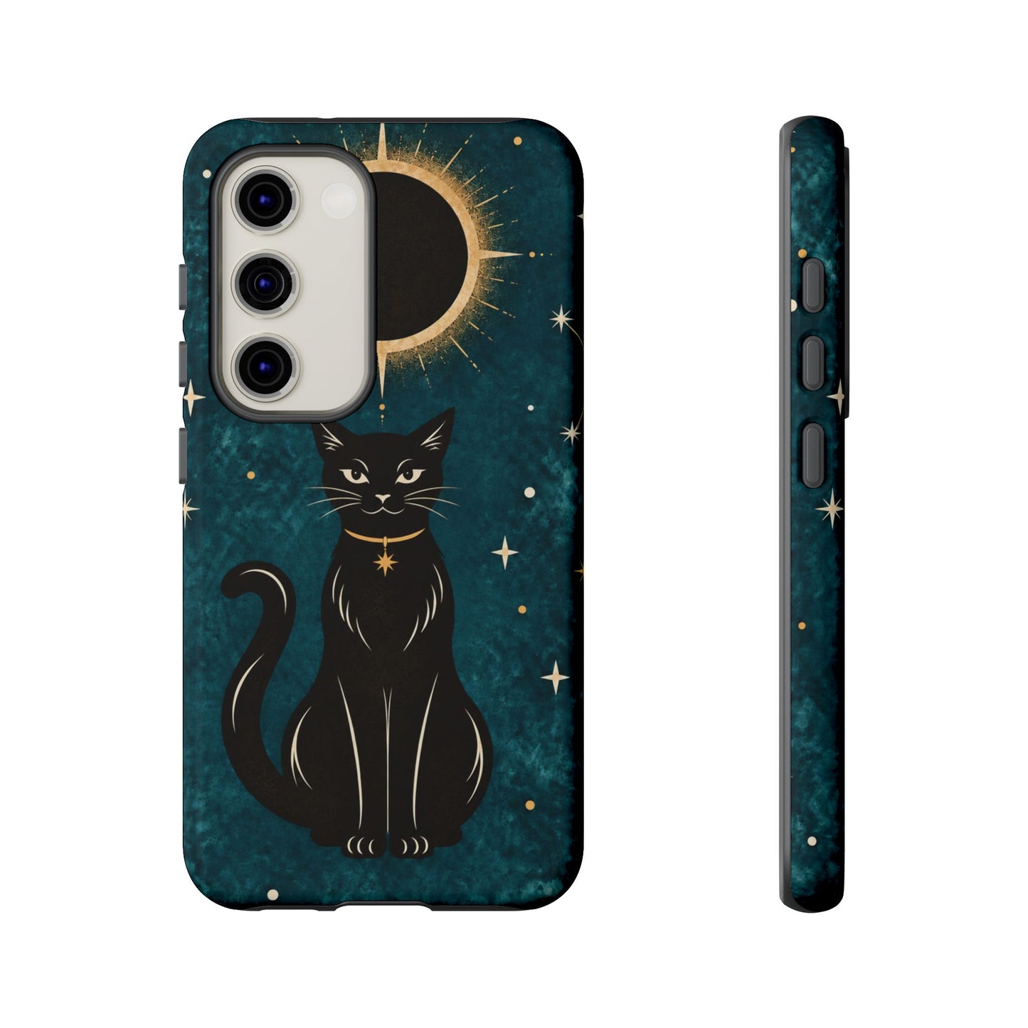 Whimsical Teal Celestial Black Cat Phone Case