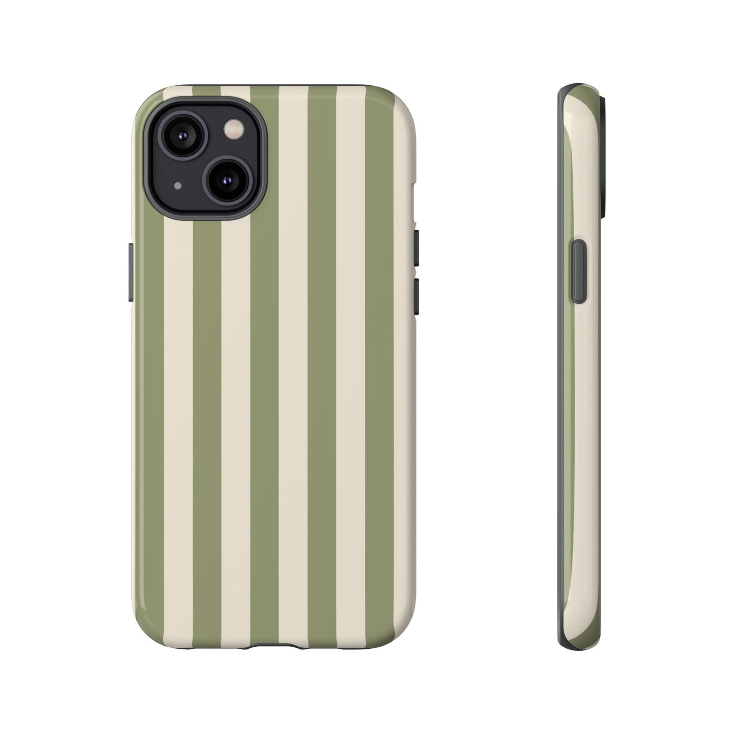 iPhone 14 Plus / Glossy Phone Case - ’Olive & Beige Stripe Pattern’ Phone Case