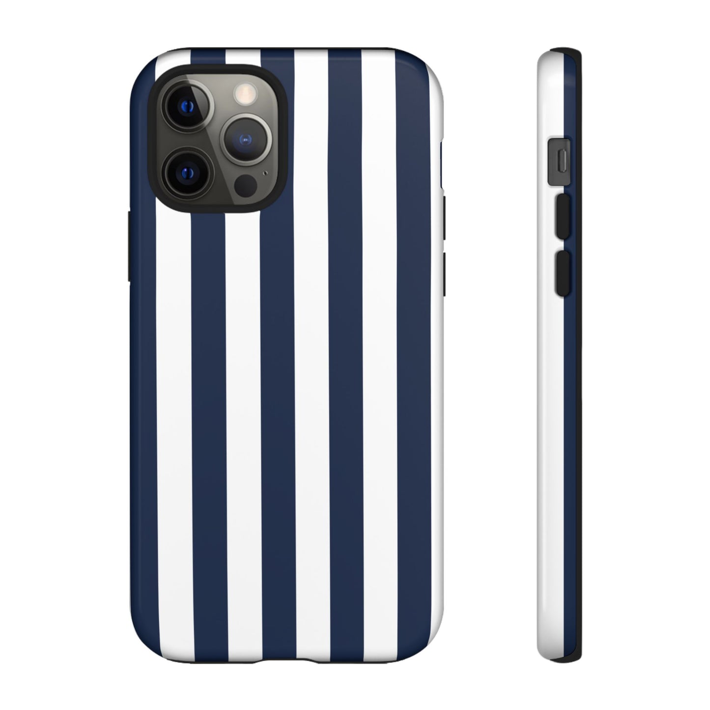 iPhone 12 Pro / Glossy Phone Case - Simple Dark Blue & White Stripe Pattern Phone Case