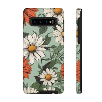 Samsung Galaxy S10 / Glossy Phone Case - Boho Chic Daisies Floral Pattern ’White & Orange’ Phone Case