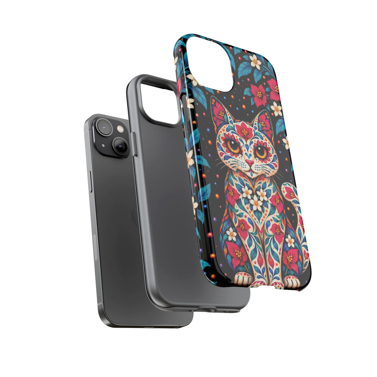 Vibrant Pink and Turquoise Calavera Cat Phone Case - Multicolor Phone Case