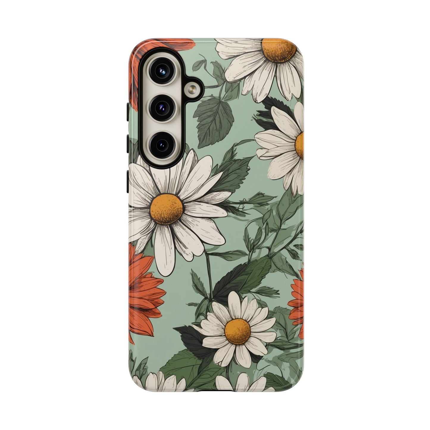 Samsung Galaxy S24 Plus / Glossy Phone Case - Boho Chic Daisies Floral Pattern ’White & Orange’ Phone Case