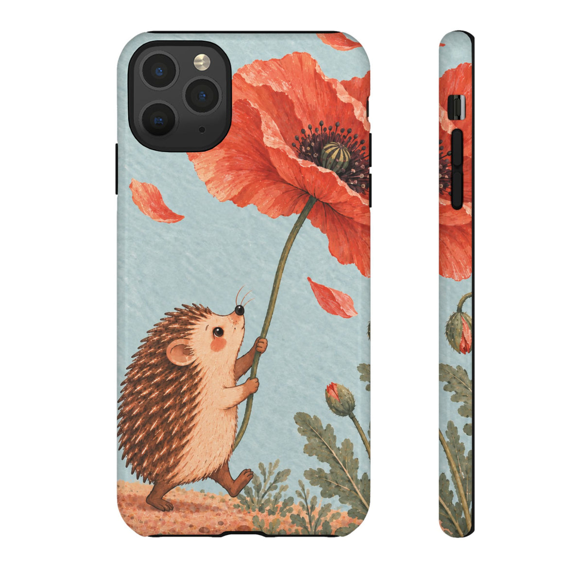 Whimsical Pale Blue Hedgehog and Poppy Phone Case - Blue Phone Case - iPhone 11 Pro Max / Glossy